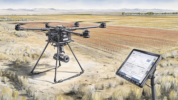 An illustration of a drone performing soil analysis in a large agricultural field The drone hovers close to the ground collecting soil samples and data on soil conditions The field is vast with