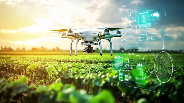 An illustration of a drone using advanced sensors to monitor crop health in a large field The drone captures detailed images and data on plant growth displayed on a digital screen in the