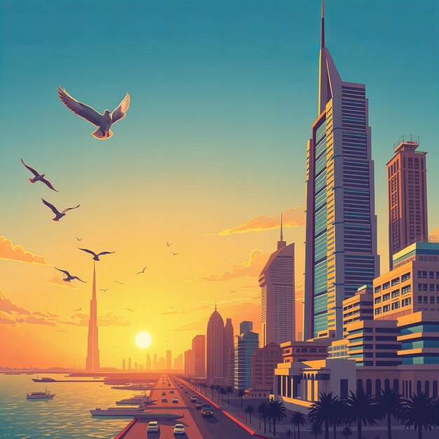 Illustration of Dubai city UAE with landmarks birds flying sunset