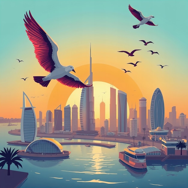 Illustration of Dubai city UAE with landmarks birds flying sunset