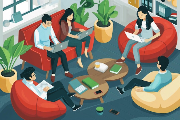 Illustration of a dynamic team in a cozy office space actively engaged in a collaborative brainstorming process