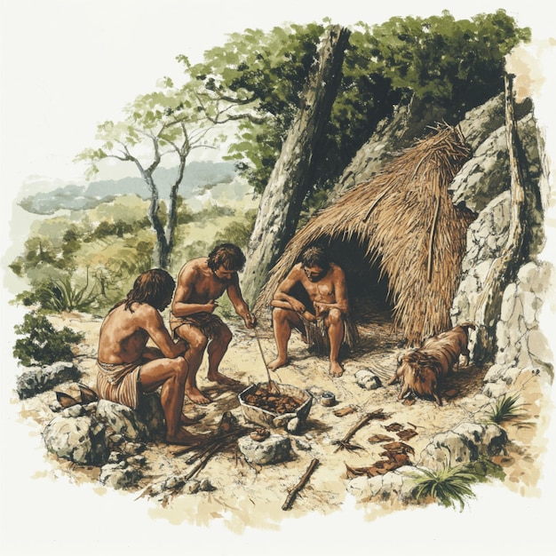 Illustration of early humans constructing basic shelters from wood stone and animal hides