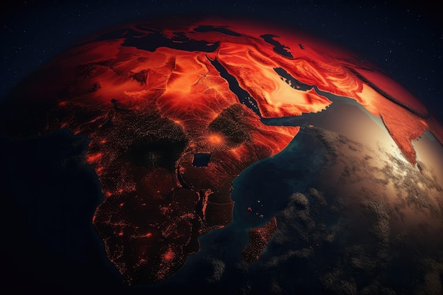 Illustration of the earth from space with a red atmospheric glow Generative AI