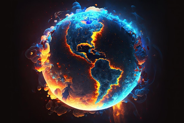 Illustration of the earth with blazing blue and orange lights