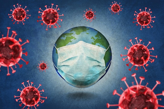 Illustration of Earth with medical mask on blue background Coronavirus outbreak