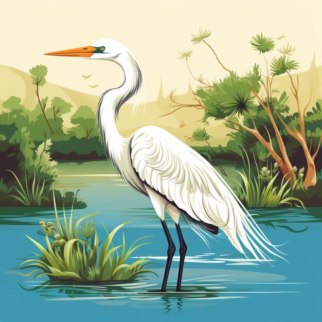 Illustration of an egret on a river background