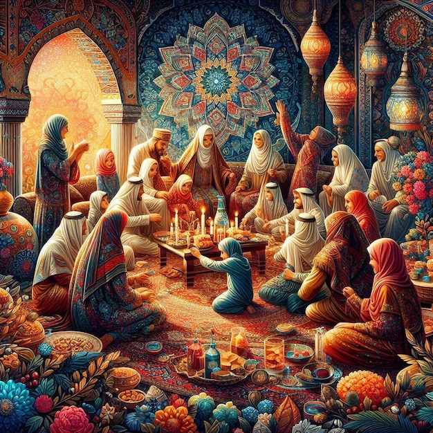 Illustration of Eid AlAdha celebration depicting a diverse group of people gathering