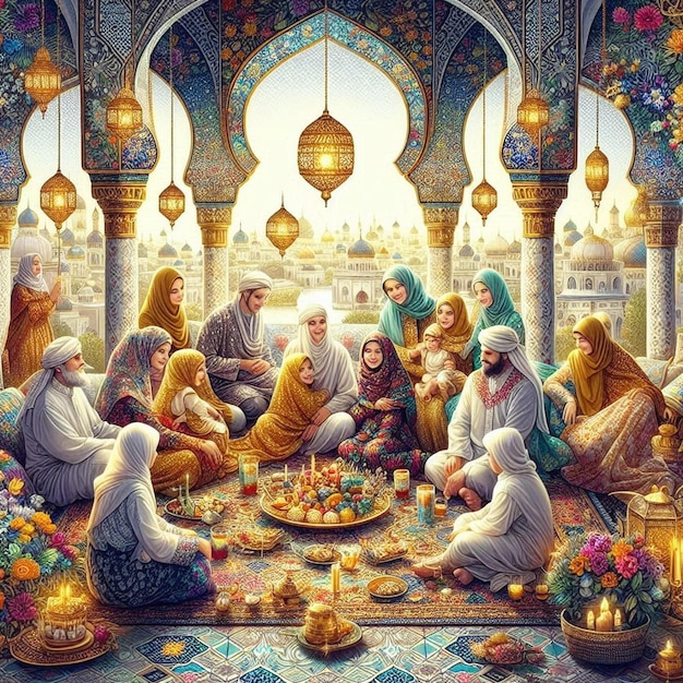 Illustration of Eid AlAdha celebration depicting a diverse group of people gathering