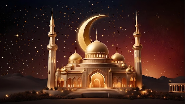 illustration of eid Mubarak night with light of a lamp paper style luxury happy Eid background