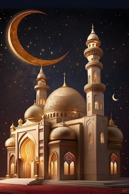 illustration of eid Mubarak night with light of a lamp paper style luxury happy Eid background