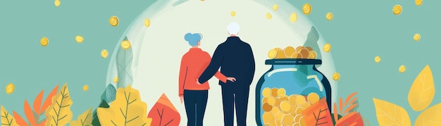 Photo illustration of an elderly couple walking towards a money jar amid autumn leaves symbolizing retirem