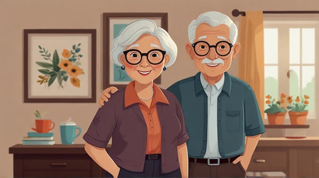 an illustration of an elderly couple with glasses and a man in a suit standing in front of a coffee