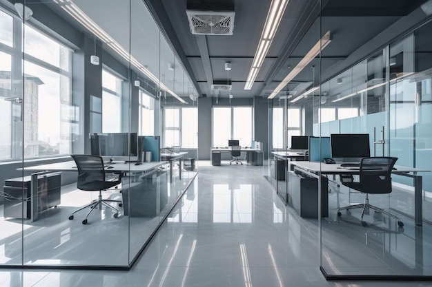 Illustration of an empty modern office space with glass walls and sleek desks Generative AI