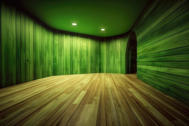 Illustration of an empty room with green walls and wooden floors Generative AI