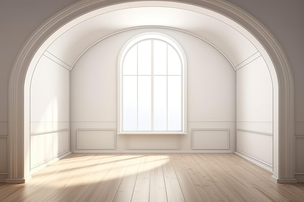 Illustration of an empty room with a large arched window Generative AI