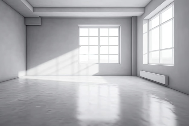 Illustration of an empty room with a modern design and a large window overlooking a cityscape Generative AI