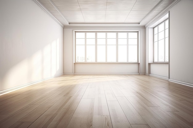 Illustration of an empty room with natural lighting and hardwood flooring Generative AI