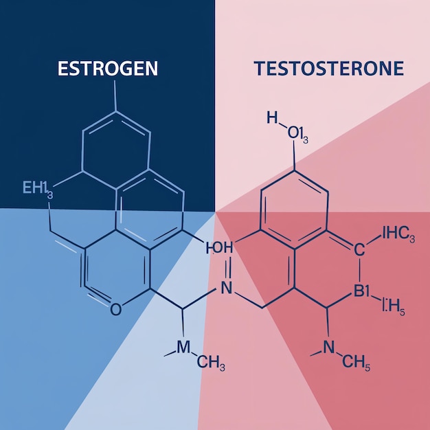 Photo illustration of estrogen testosterone molecular structures blue pink background hormon education