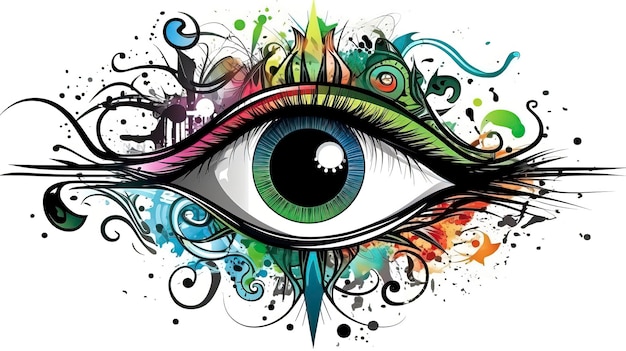 An illustration of an eye with multicolored flowers and a floral design.