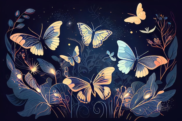 Illustration fabulous luminous butterflies at night Generative AI