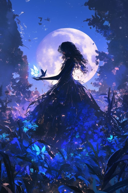 Illustration of a fairy flying in the night forest with full moon