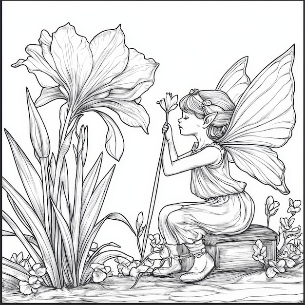 Photo illustration of a fairy in the garden with iris flowers