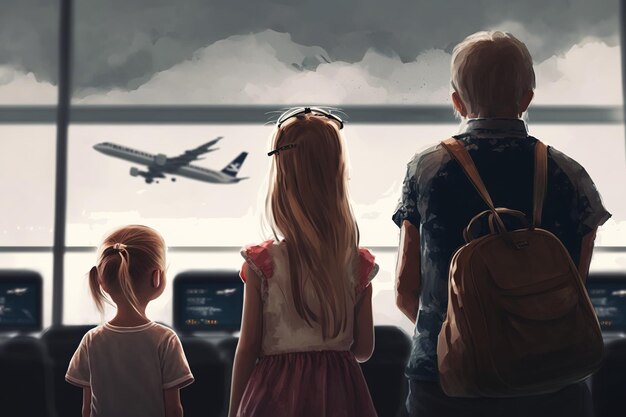 Photo illustration of family at the airport on a cloudy day