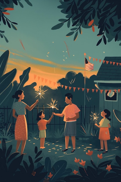 Illustration of family enjoy sparklers in backyard twilight scene American flags wave Festive