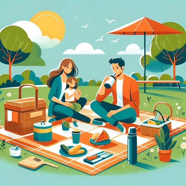 Illustration of family enjoying in a park for international picnic day