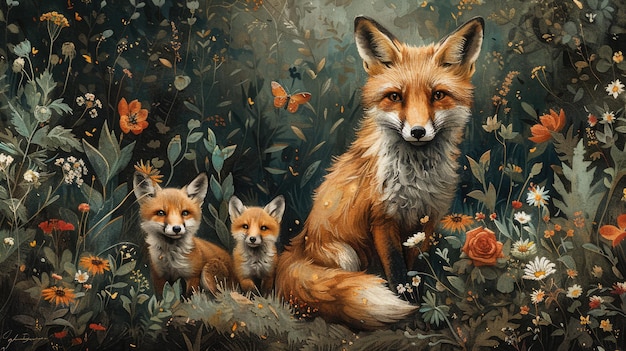 an illustration family of fox in a lush green forest watercolor style vibrant colors soft and whimsical peaceful and serene mama and baby animals with flowers and butterflies