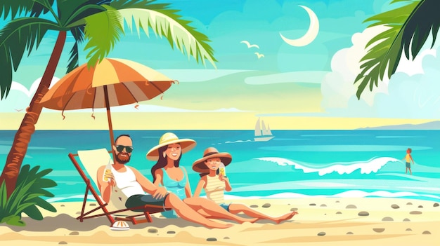 Photo illustration of a family relaxing on the beach in summer