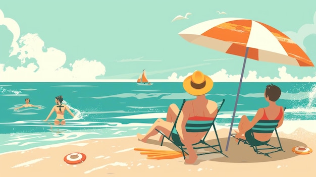 illustration of a family relaxing on the beach in summer