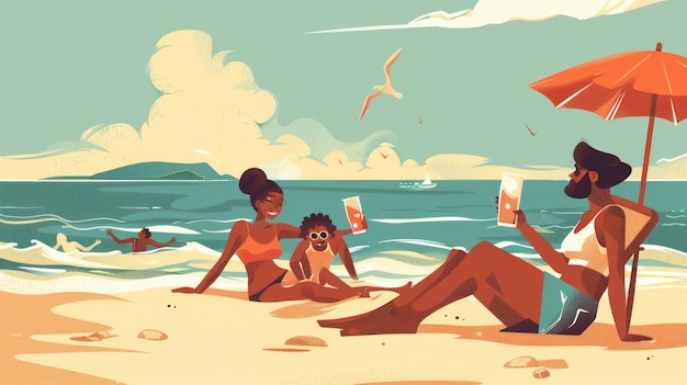 Photo illustration of a family relaxing on the beach in summer