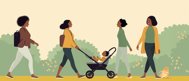 Photo an illustration of a family walking in a park with a baby in a stroller