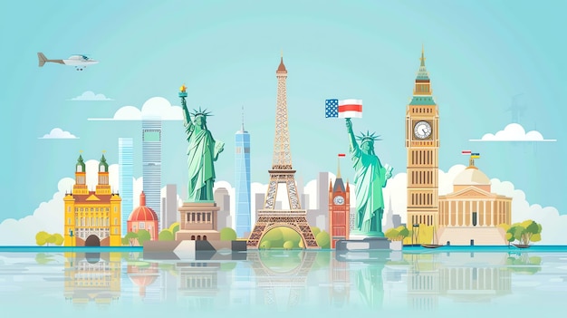 An illustration of famous landmarks from around the world against a blue sky