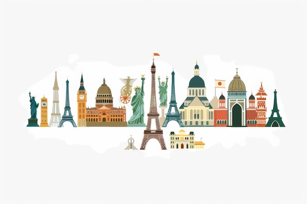 Photo illustration of famous world landmarks showcasing iconic structures from various countries symbolizing global travel and tourism