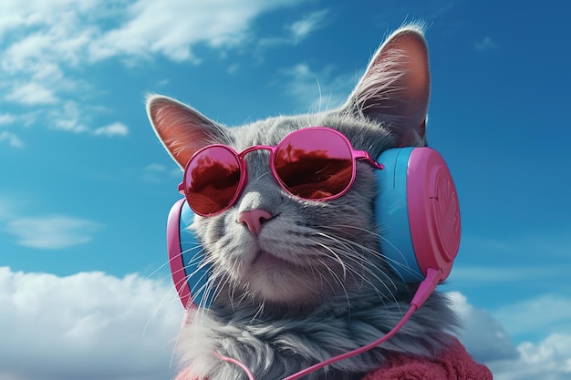 illustration of a fantastic cat head wearing mirrored sunglasses and headphones in a jacket listening to music