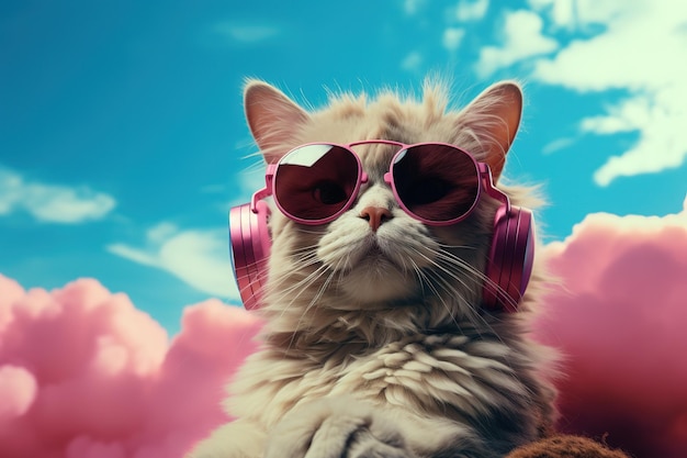 illustration of a fantastic cat head wearing mirrored sunglasses and headphones in a jacket listening to music