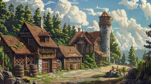 Photo illustration of fantasy brewery with wooden houses and stone tower in a forested landscape