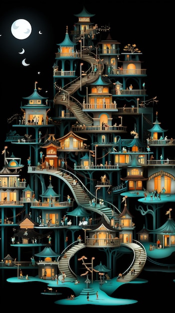 Illustration of a fantasy castle with a staircase leading to the upper level generative ai