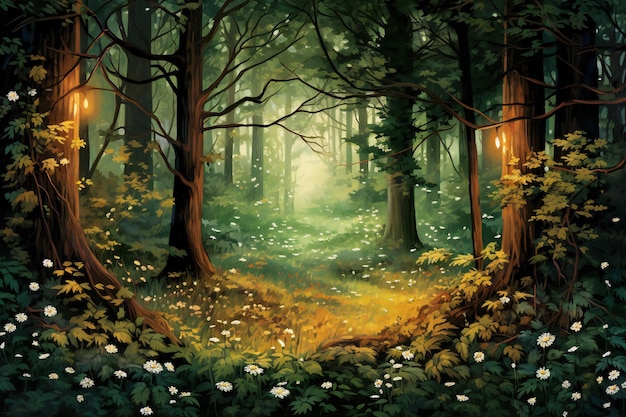 Illustration of a fantasy forest with lighted trees and flowers