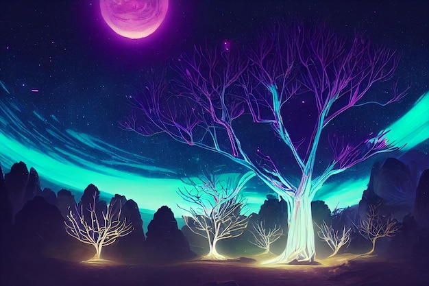 Illustration fantasy of neon forest Glowing colorful look like fairytale