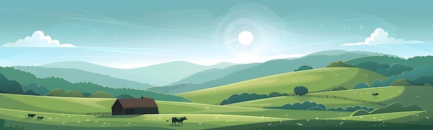 illustration of a farm with green hills and cows in the background