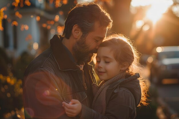 Illustration of a father expressing his love to his daughter in front of his house under the warm morning sun Used to publicize Fathers Day events activities to promote family relationships