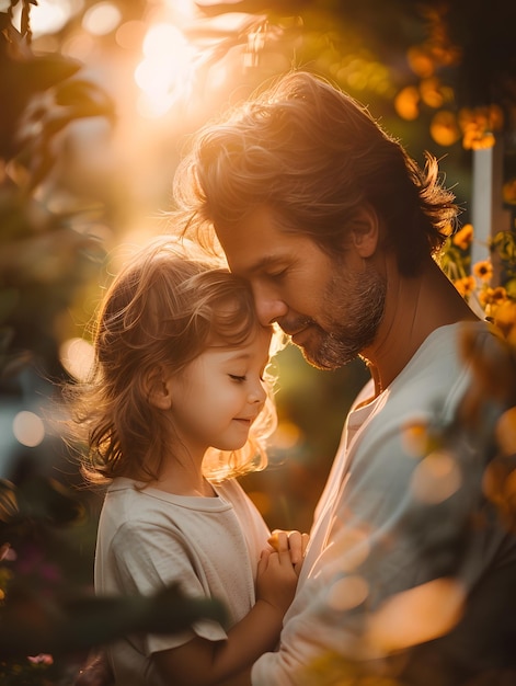 Illustration of a father expressing his love to his daughter in front of his house under warm sun