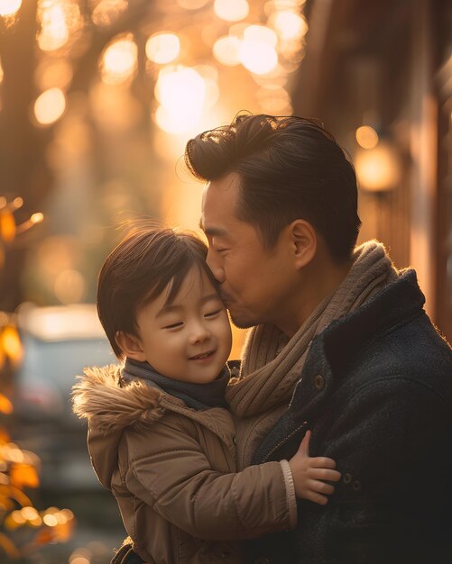 Illustration of father showing his love to his son in front of the house under the warm morning sun