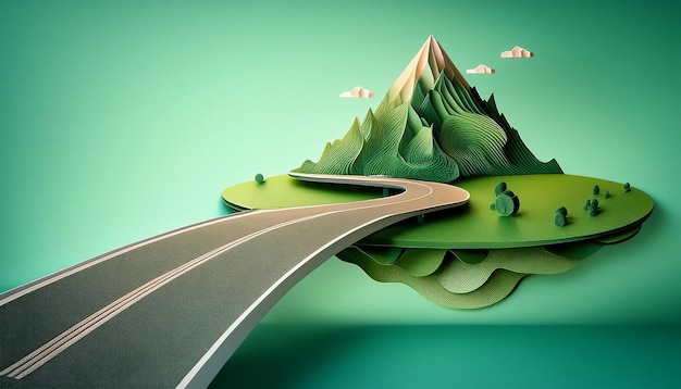 The illustration features a raised highway and is decorated with mountain views in the background