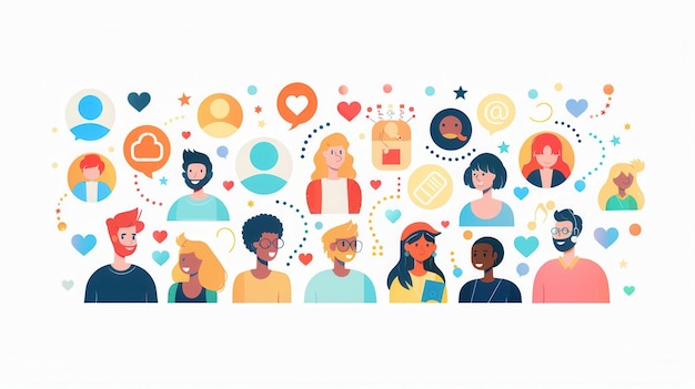 Illustration featuring a diverse group of people connected through social media representing inclusivity and online community Generative AI