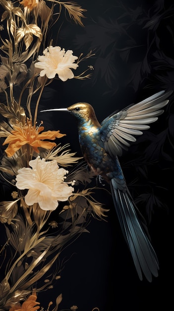 an illustration featuring a hummingbird and leaves in the style of light black and gold