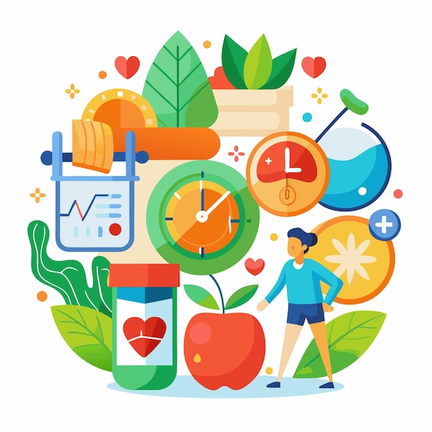 Photo an illustration featuring a person in the center surrounded by icons representing healthy living the icons include a clock an apple a heart rate monitor and a bottle of pills